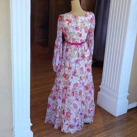 Lorrie Deb San Francisco Vtg 70s Size 6 Floral Chiffon Maxi Dress - Picture 6 of 11